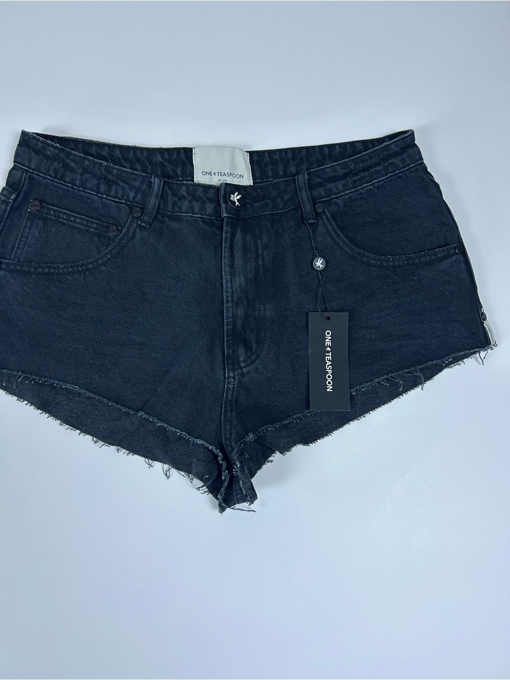 One Teaspoon Fox Black Denim Shorts NWT Size 31 Raw Hem Low Rise Festival
